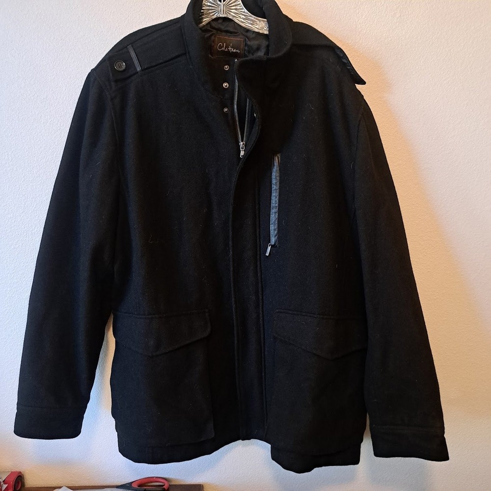 Cole Haan Mens Black Wool Blend Quilted Field Jacket Lambskin Trim XXL RN 54163